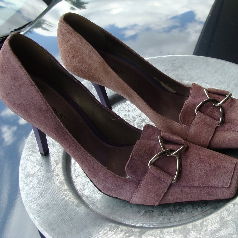 BCB GIRLS Shoe, Color: Mauve Brushed Suede with Silver Chain Link Detail.